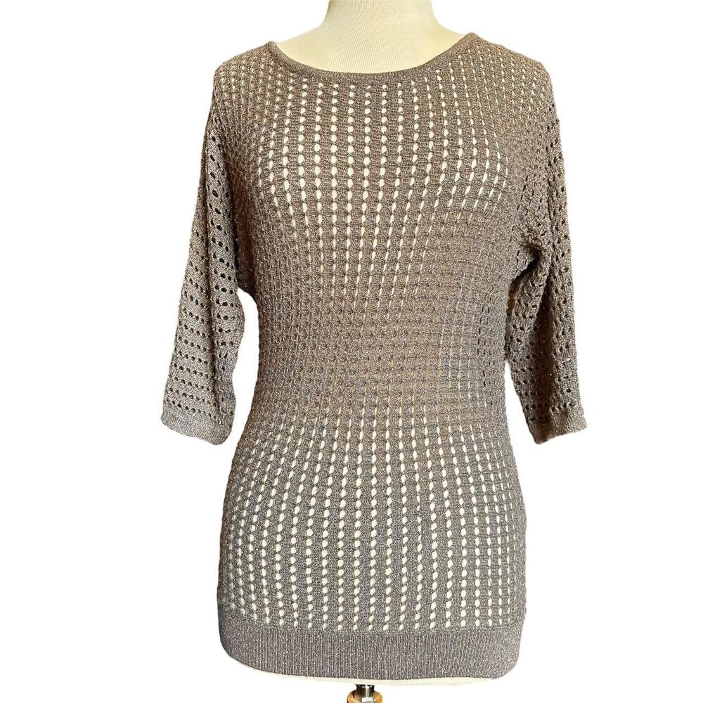 Express Brown & Gold Metallic Open Knit Loose Knit Sweater Sz S Boho Cottagecore